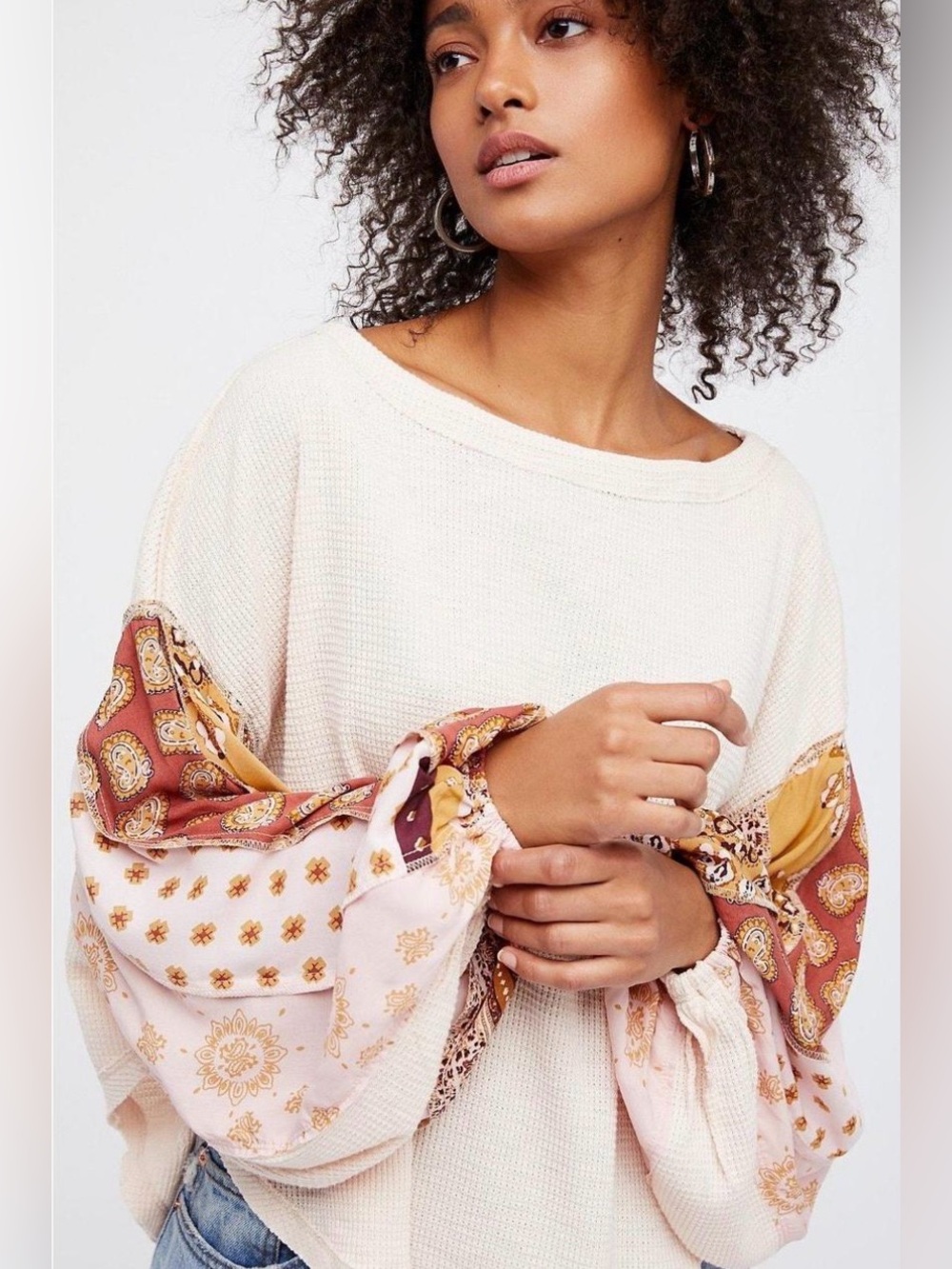Free People We The Free Blossom Thermal Top Small Boho Patchwork Balloon Sleeve